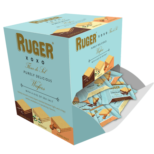 RUGER XOXO MINIS Assorted Wafers with A Kiss of Sea Salt in Chocolate, Vanilla and Hazelnut ITEM # 61004